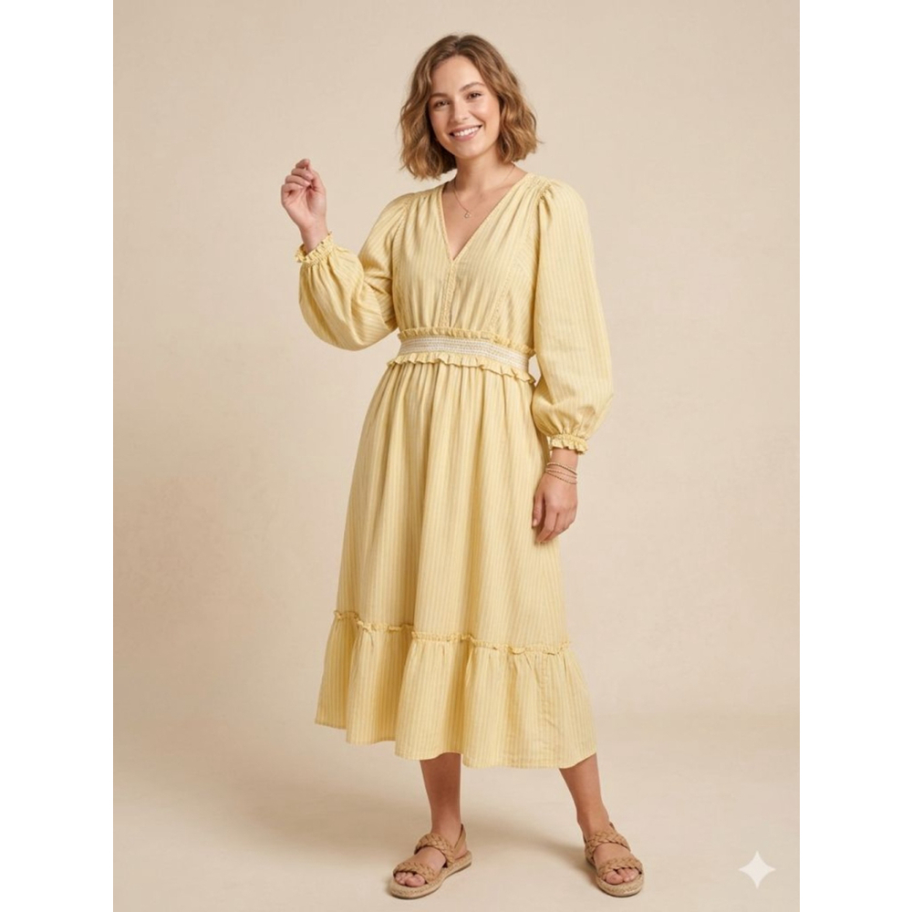 Boho Yellow Striped Smocked Waist Midi Prairie Dress with Puff Balloon Sleeve XL